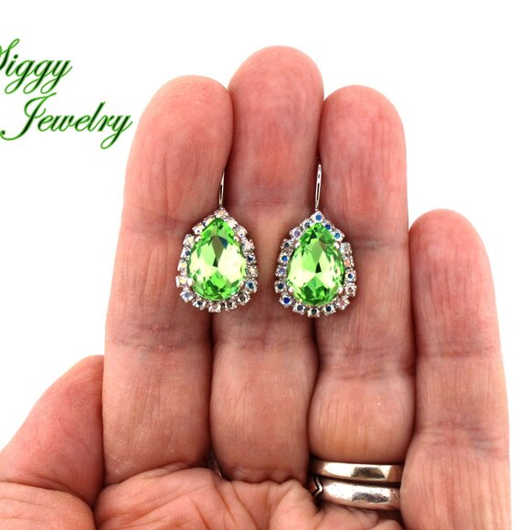 Peridot Pear Teardrop Earrings with Crystal AB Halo and Rhodium Finish - Picture 5 of 5